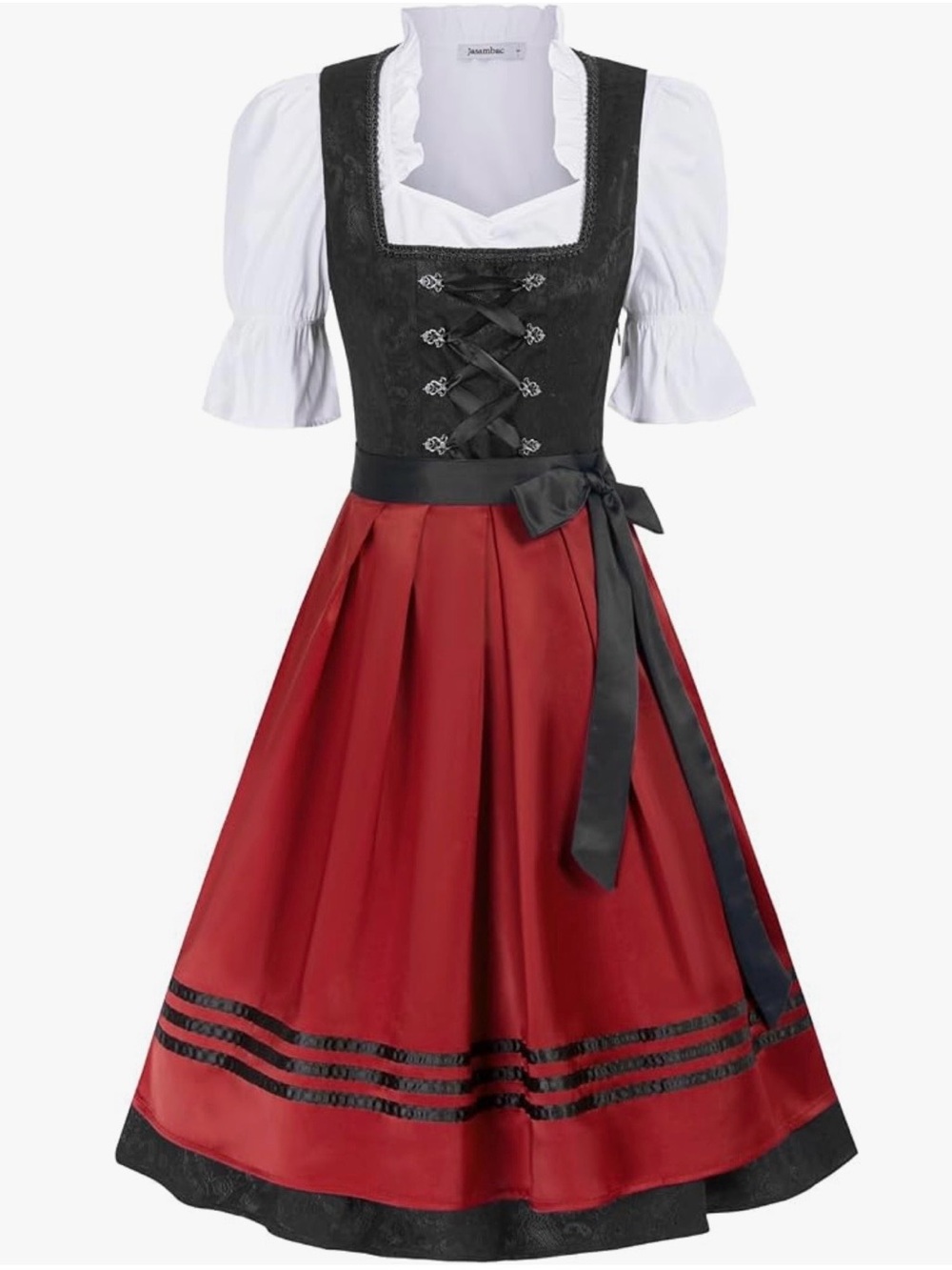 Classic Black & Red Dirndl Dress with White Blouse